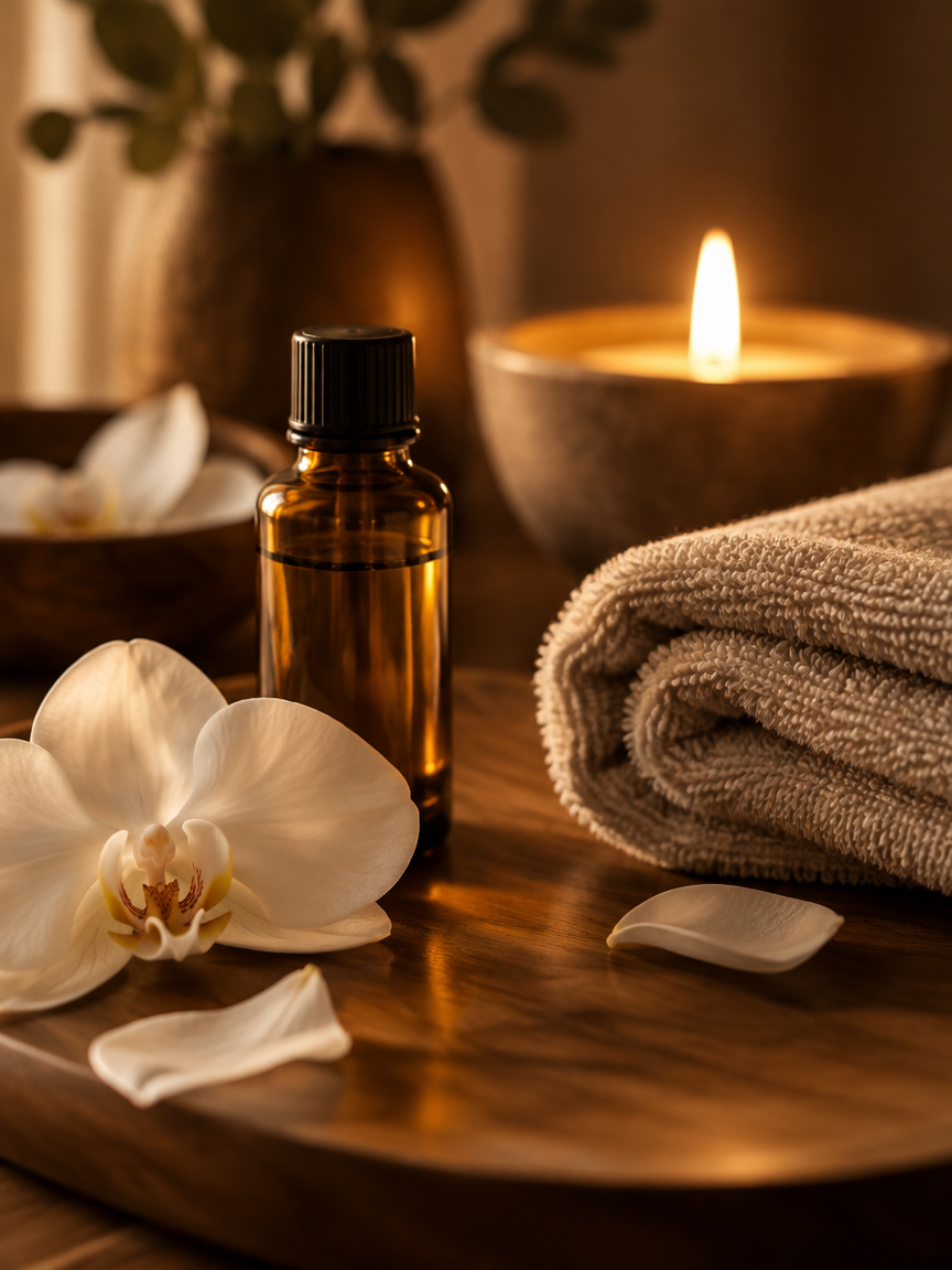 Massage oils and linen towel detail