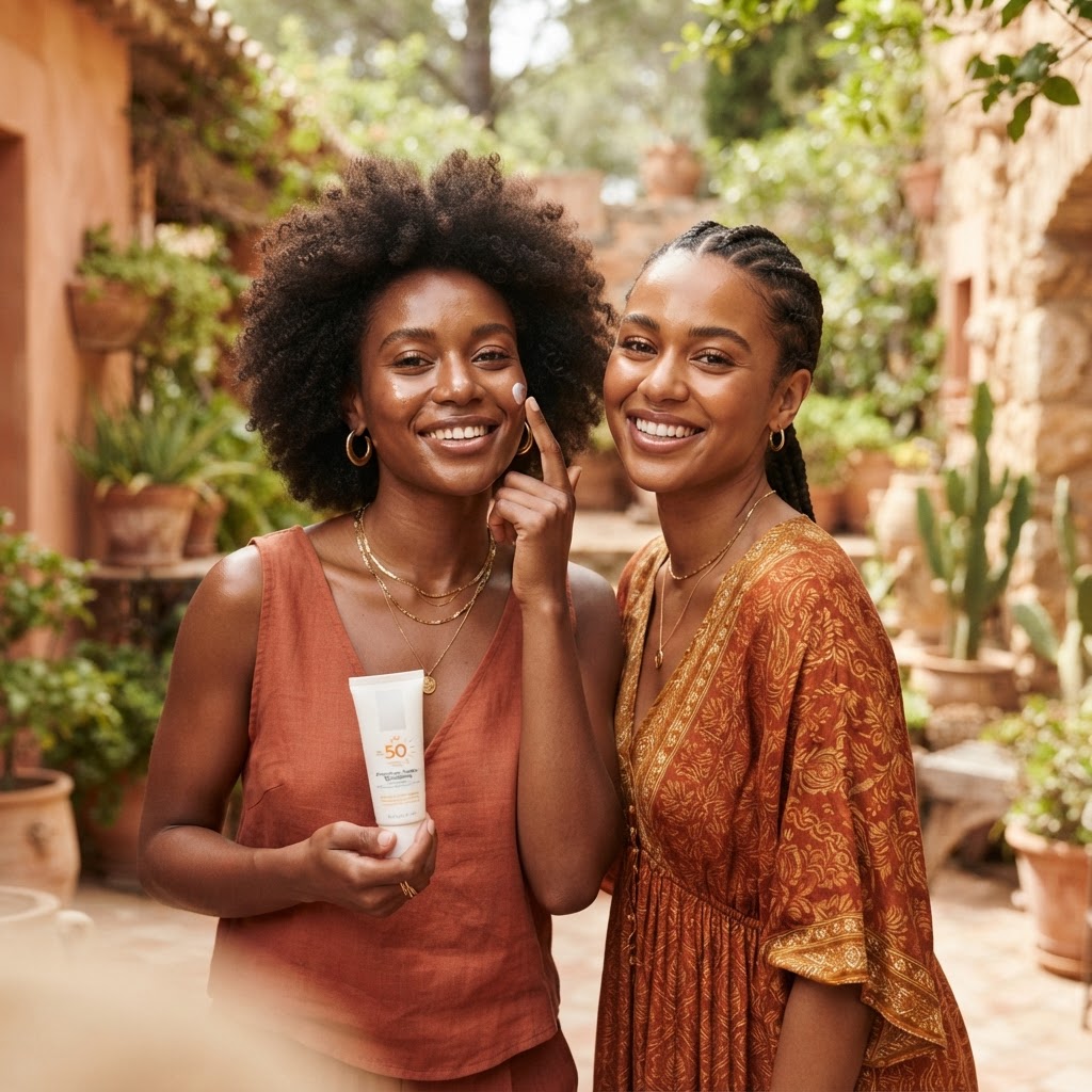Femme noire souriante profitant du soleil avec une peau éclatante et protégée