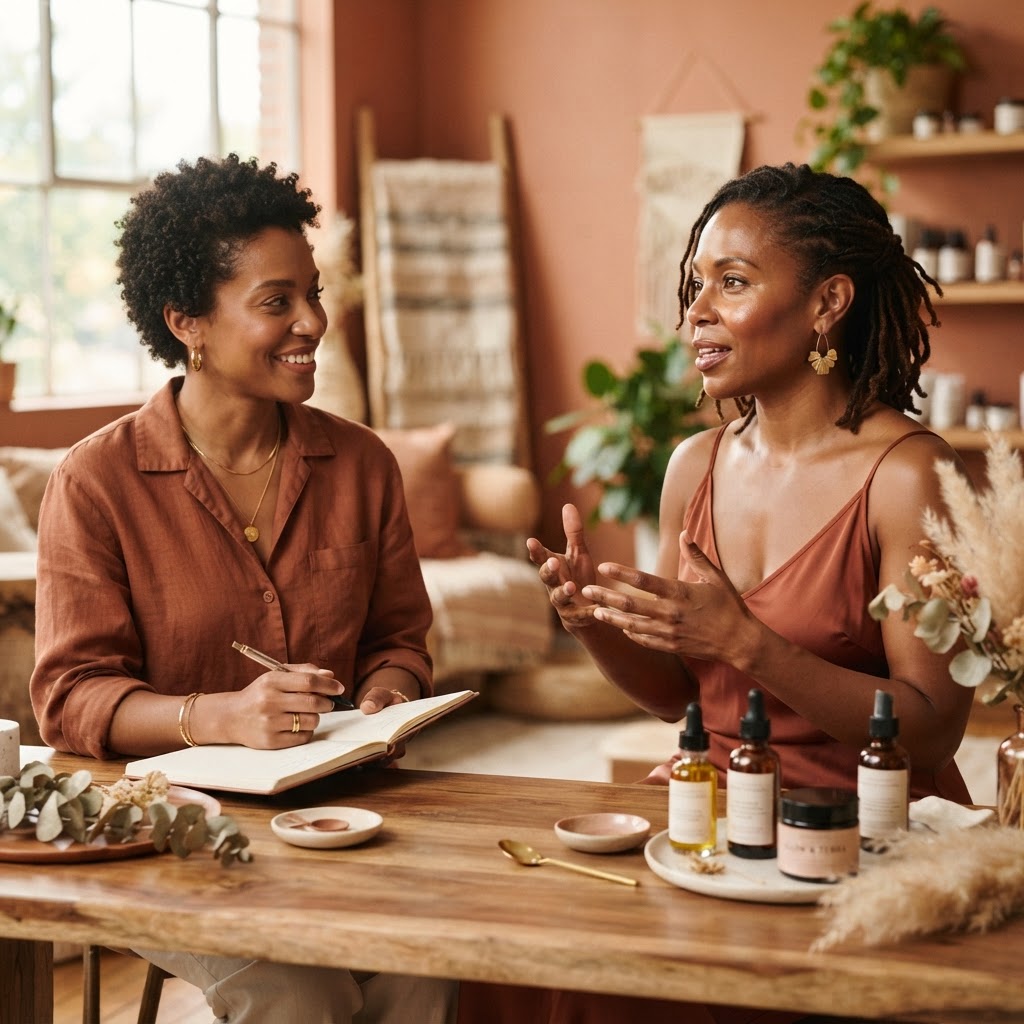 Une entrepreneure souriante dans son laboratoire de cosmétiques naturels présentant des produits de soin pour peaux noires.