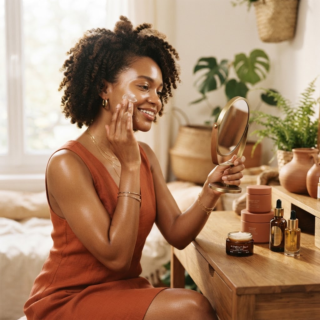 Femme métissée souriante appliquant une crème hydratante légère sur son visage lumineux.
