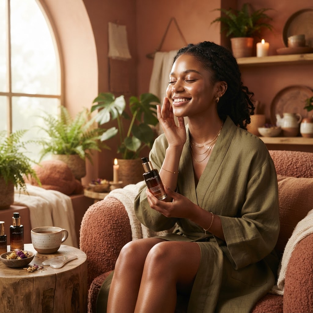 Femme noire souriante pratiquant un massage facial relaxant pour retrouver de l'éclat