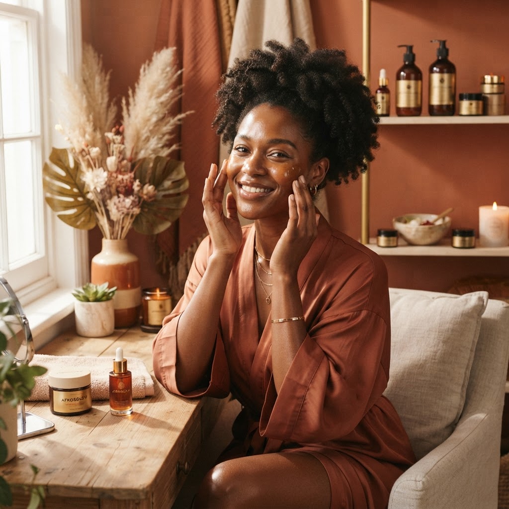 Femme noire souriante prenant soin de son visage avec un produit naturel dans un environnement lumineux