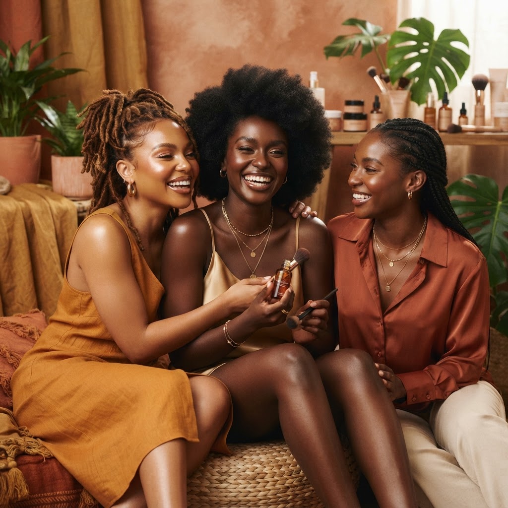 Femme à la peau noire éclatante et rayonnante illustrant les tendances beauté de 2025