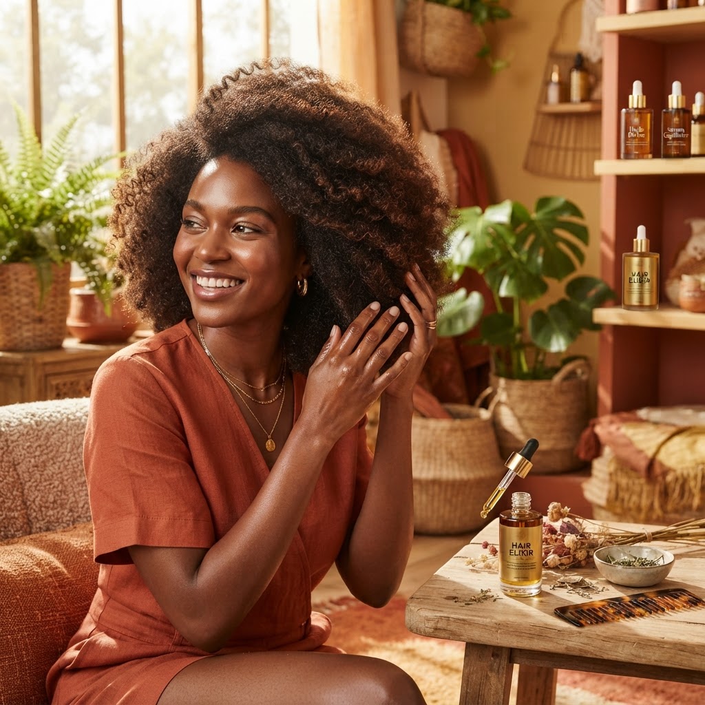 Femme aux cheveux texturés et brillants utilisant des huiles précieuses naturelles pour le soin capillaire