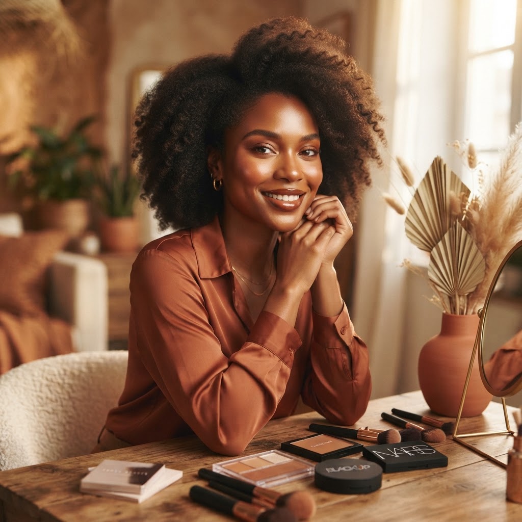 Femme au teint métissé rayonnant après une séance de contouring professionnel