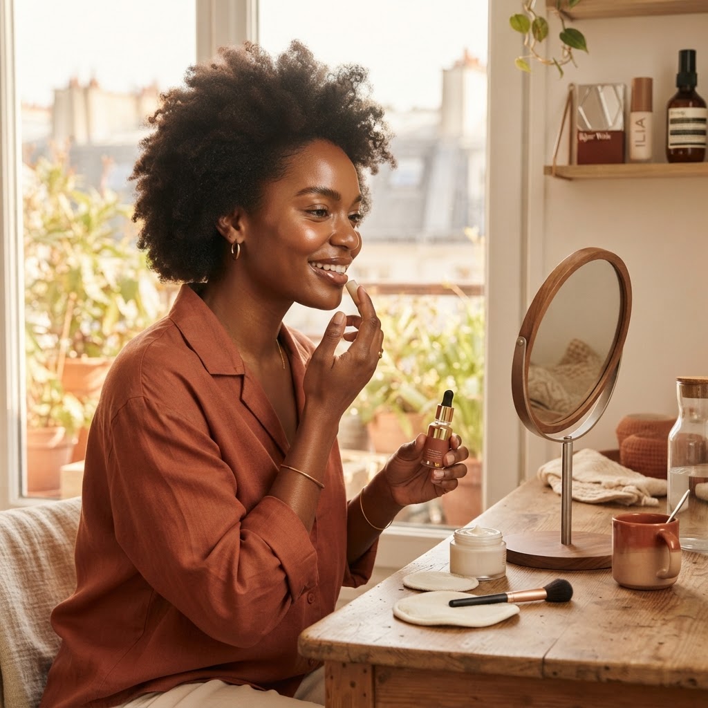 Femme active radieuse avec une peau noire éclatante utilisant un soin naturel minimaliste