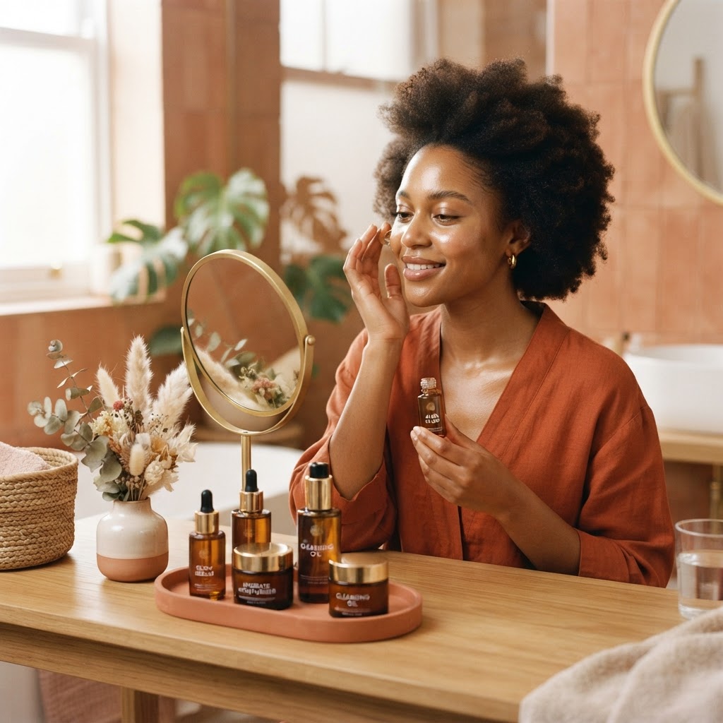 Femme active rayonnante avec une peau saine utilisant des produits de soin minimalistes naturels