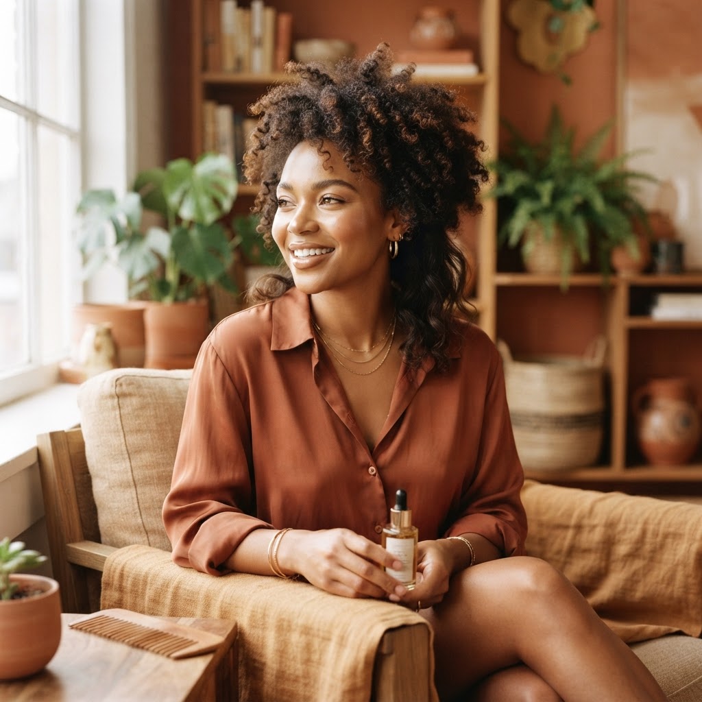Une femme souriante mettant en avant ses magnifiques cheveux naturels texturés et sains.