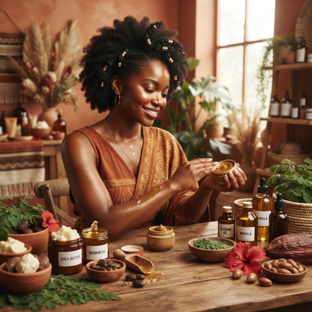 Femme aux cheveux naturels rayonnante utilisant des soins à base de beurre de karité et d'huiles africaines