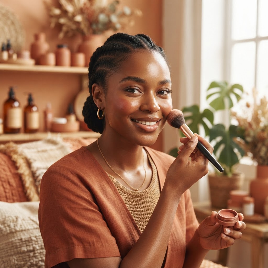 Femme noire souriante au teint éclatant et naturel portant un maquillage léger et minimaliste.