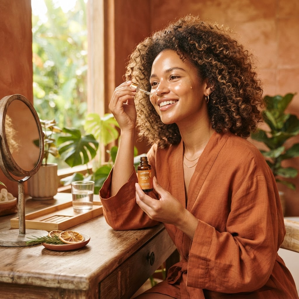 Femme au teint lumineux et radieux utilisant un sérum à la vitamine C pour sa routine skincare quotidienne