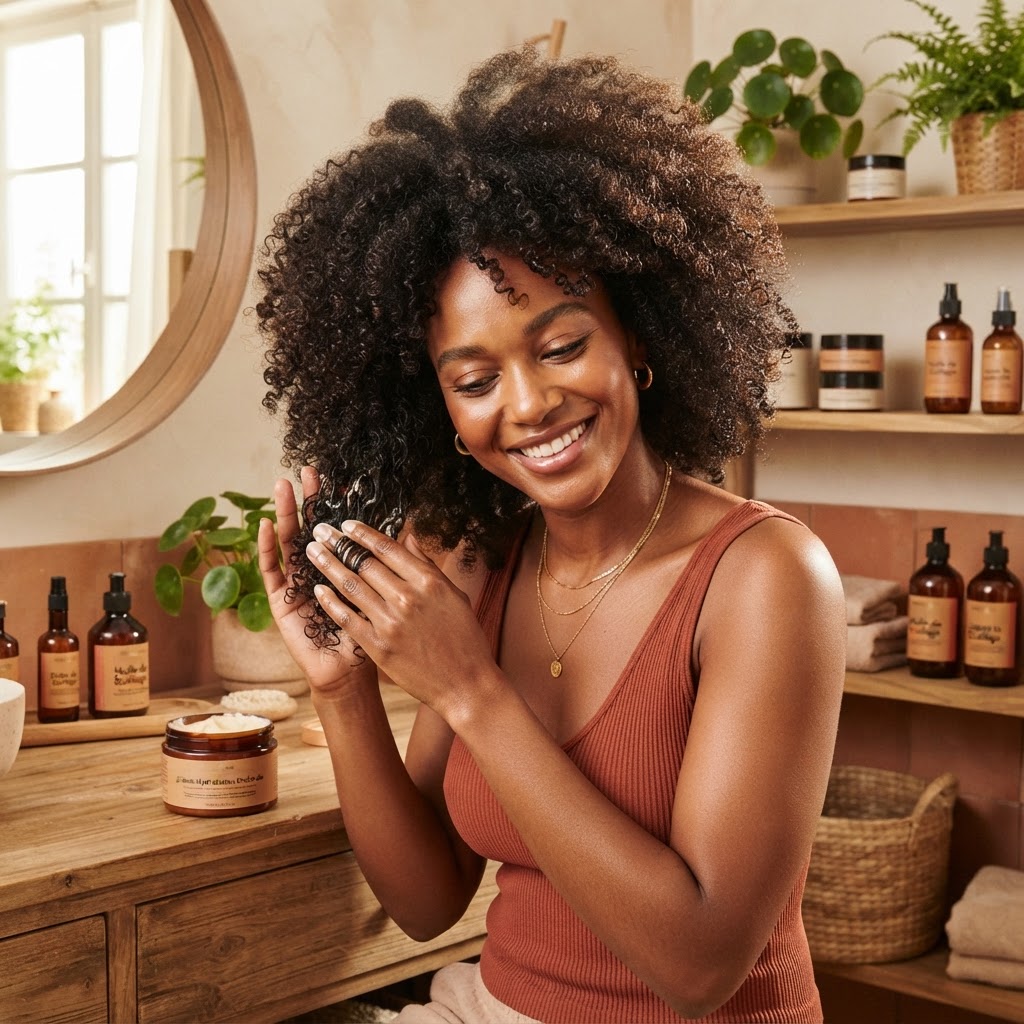 Femme aux cheveux crépus magnifiquement hydratés et définis souriant devant un miroir