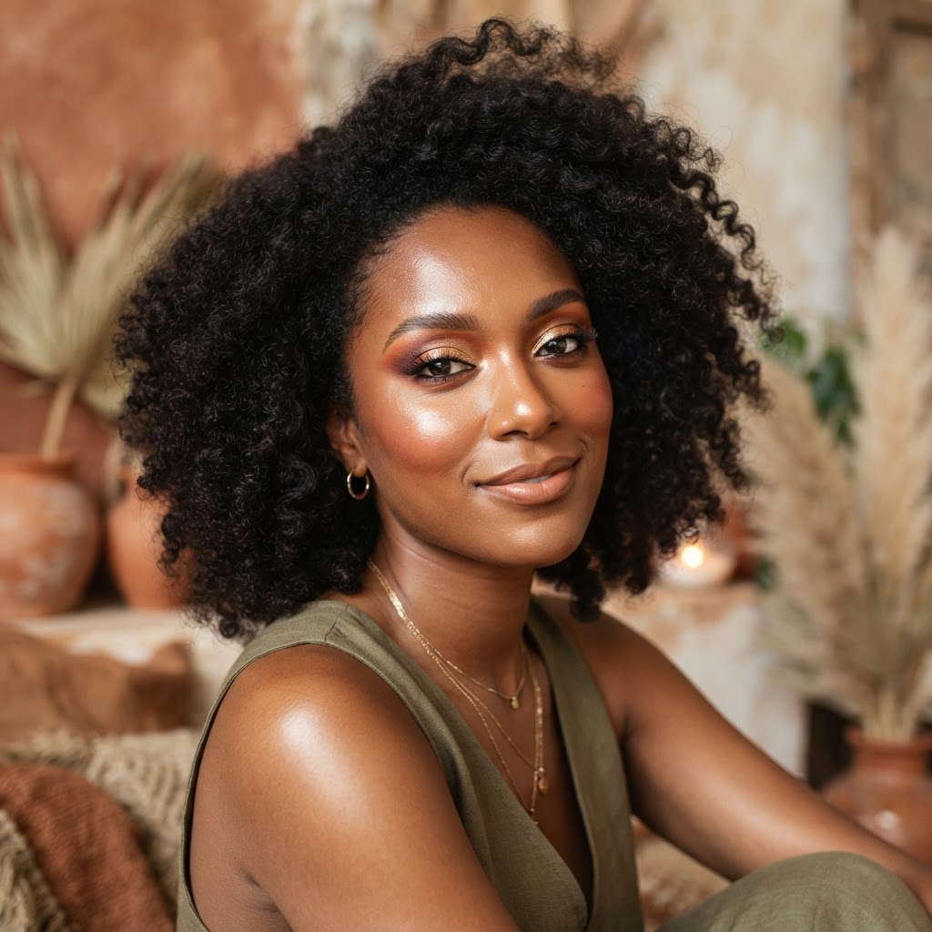 Portrait d'une femme noire avec un maquillage des yeux doré et lumineux