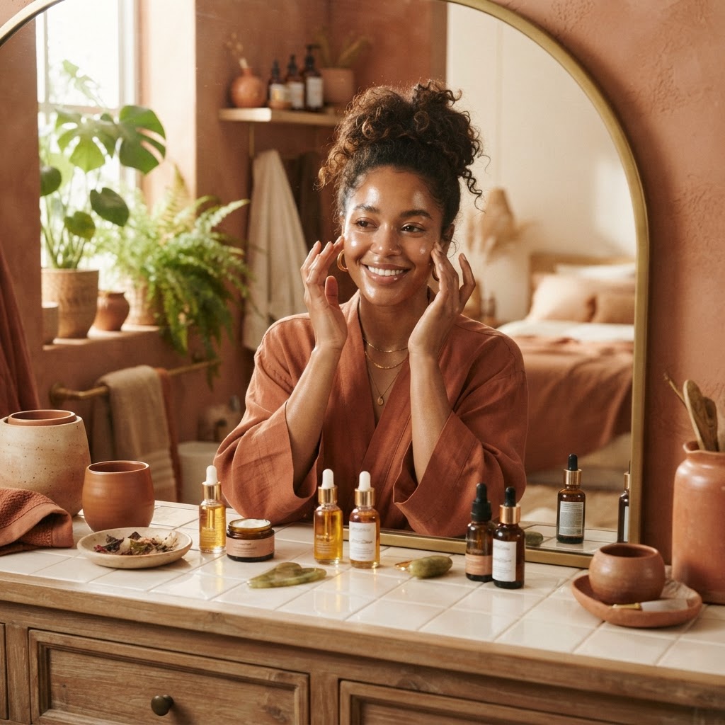 Femme noire souriante appliquant une crème hydratante dans sa salle de bain, rituel beauté matinal