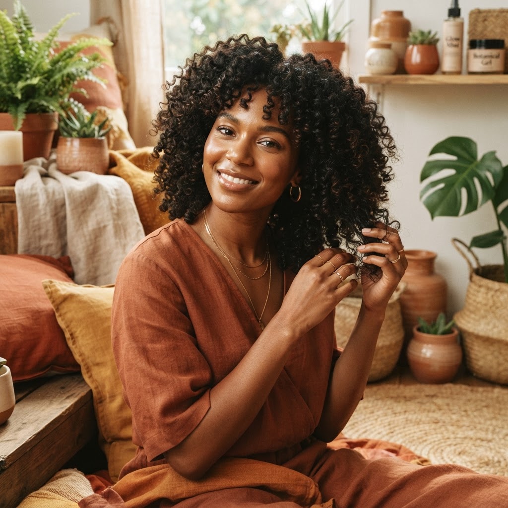 Femme aux cheveux bouclés naturels souriante utilisant des soins capillaires naturels