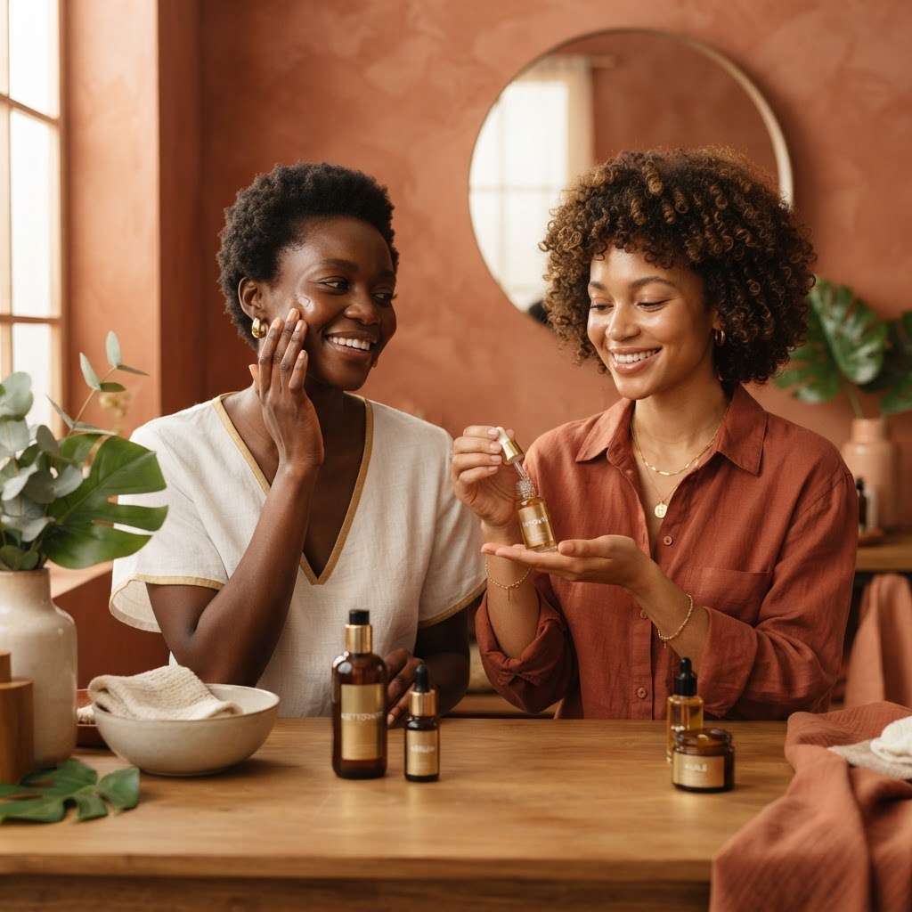 Femme à la peau noire éclatante souriant et pratiquant sa routine skincare avec des produits naturels