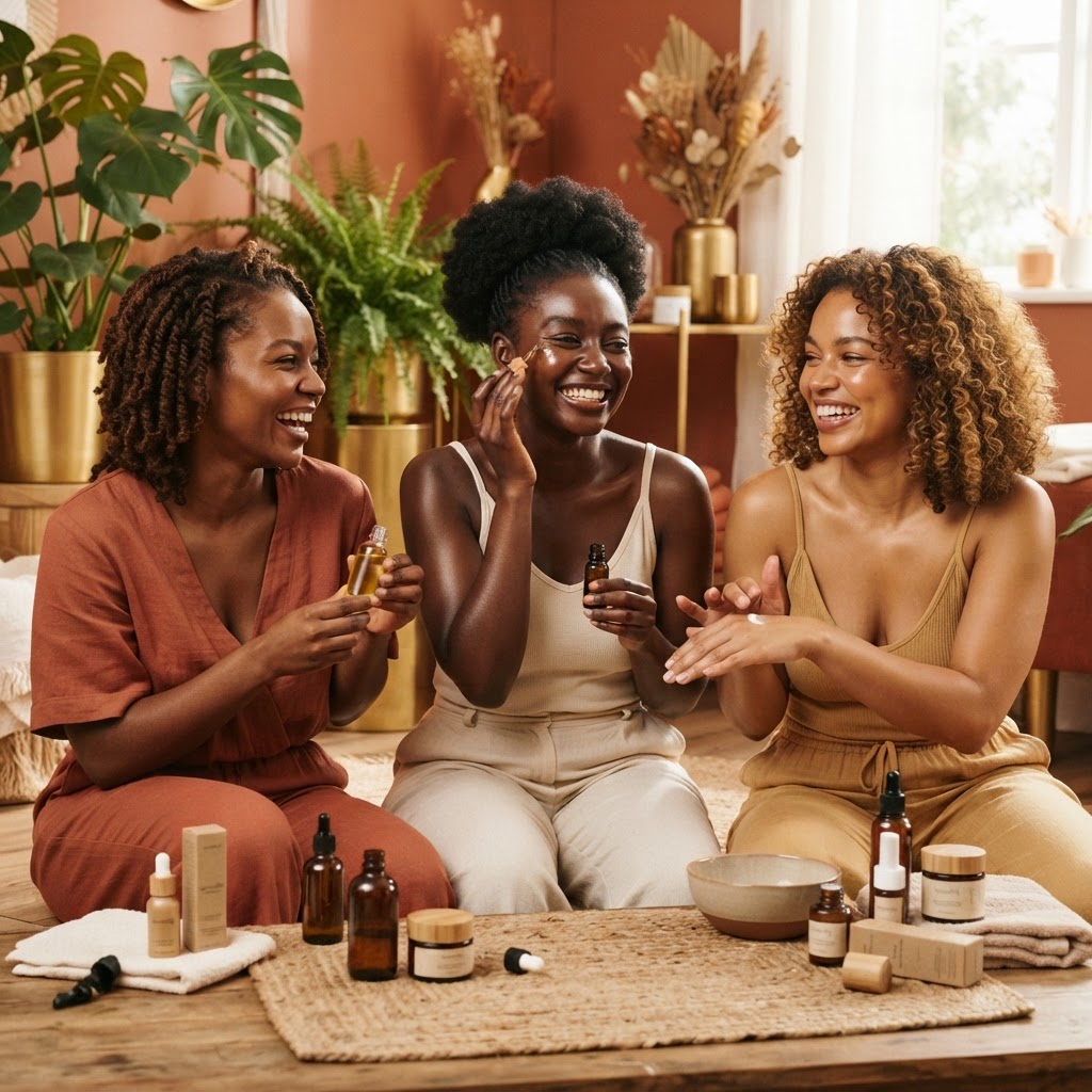 Femme noire souriante avec une peau éclatante utilisant des soins cosmétiques naturels dans une ambiance lumineuse.