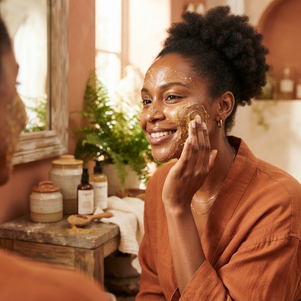 Femme à la peau noire éclatante souriant en réalisant une routine de soin douce pour le visage