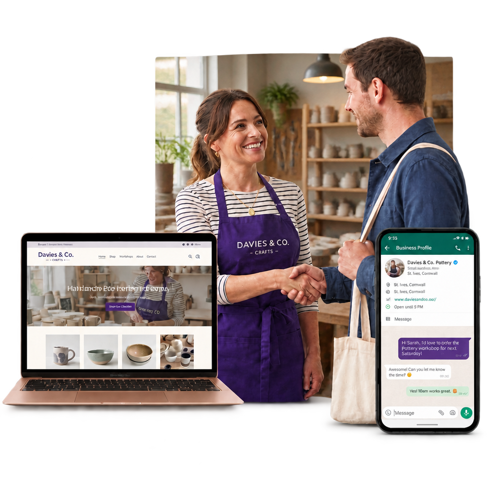 Montage of a business website on a laptop, WhatsApp Business on a phone and a customer shaking hands with a small business owner