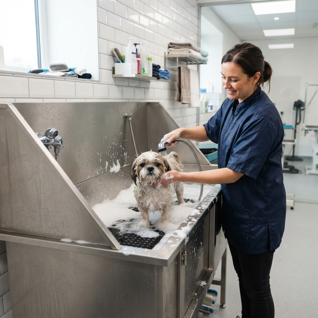 Dog being bathed in the salon bathing area