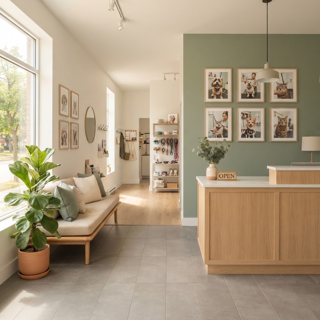 Welcoming reception area of the grooming salon