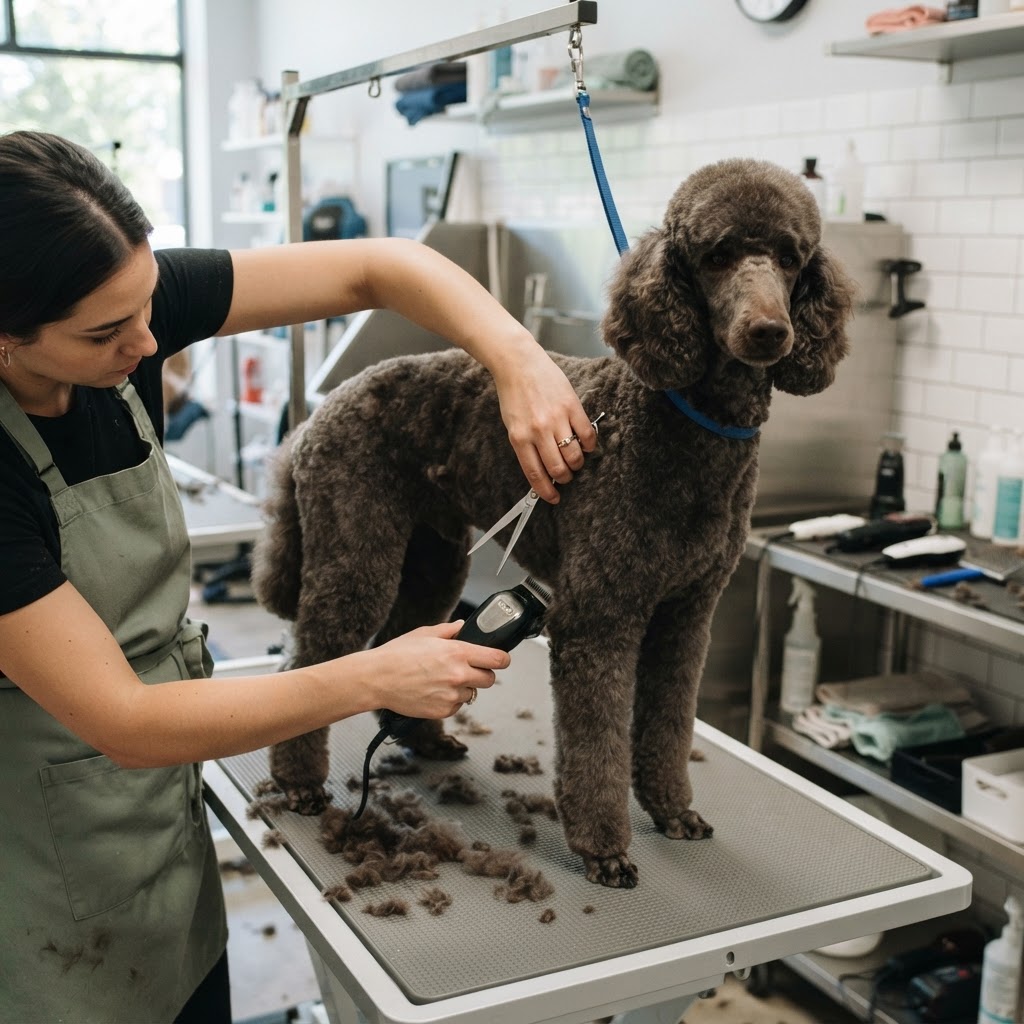 Groomer trimming a poodle on a grooming table