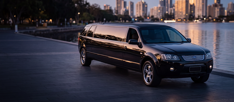 Cinematic black stretch limousine artwork beside the Gold Coast waterfront at dusk