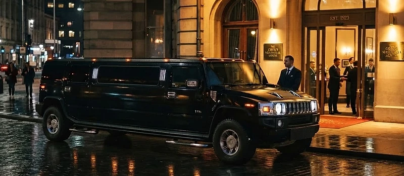 Cinematic black 4-wheeled stretch Hummer outside a warmly lit evening entrance