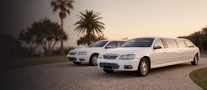 Cinematic matching white limousine artwork in warm coastal evening light