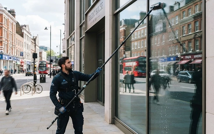 Commercial window cleaning with water-fed pole system