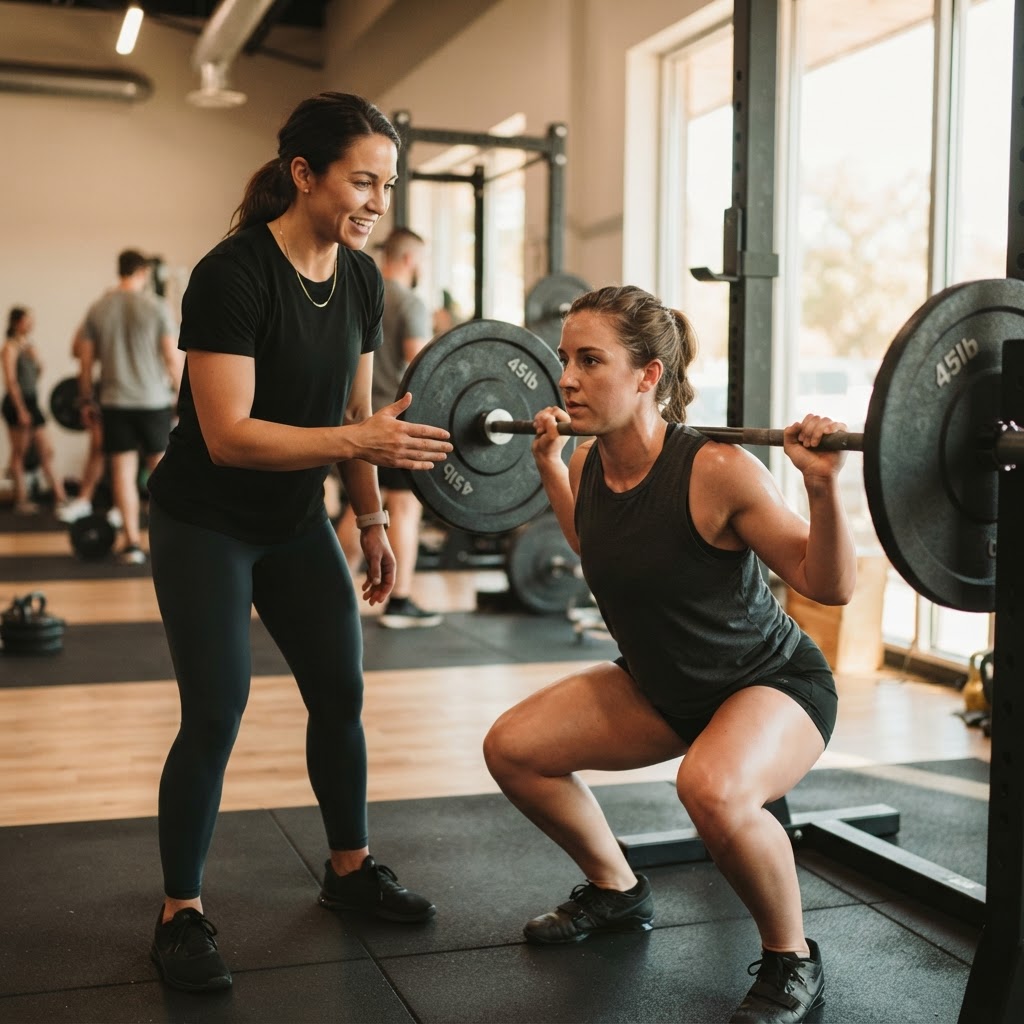 A coach guiding an athlete through a lift