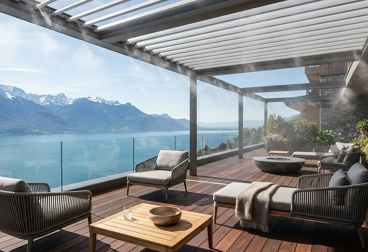Terrasse équipée de brumisation et pergola