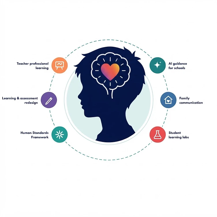 Futurise Edu illustration: a student's silhouette in profile with a heart inside a brain, encircled by the six areas of the work: teacher professional learning, learning and assessment redesign, the Human Standards Framework, student learning labs, family communication, and AI guidance for schools