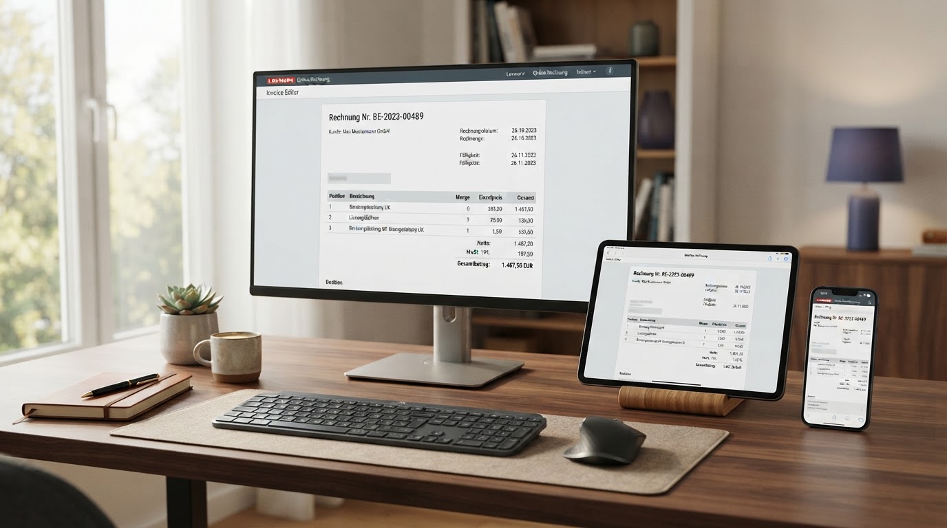 Online-Rechnung am Computer, Tablet und Smartphone
