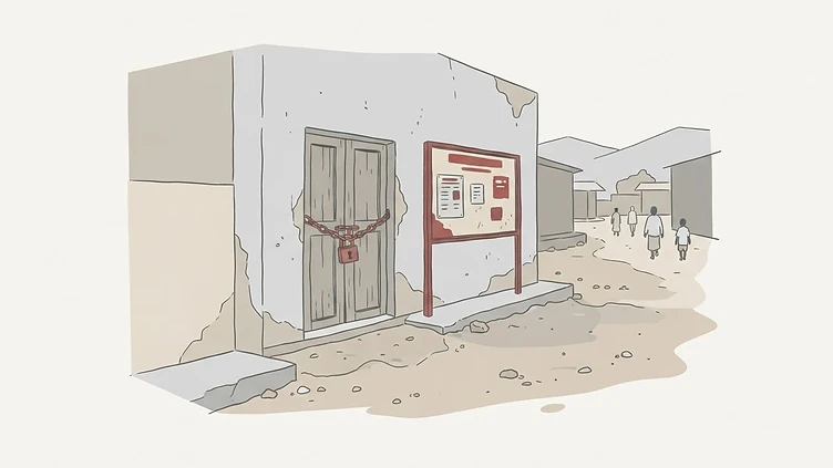 The weathered, padlocked front entrance of the Beni District Health Office featuring a faded signage board listing official vaccination schedules and service protocols in Beni, North Kivu drawn as an editorial illustration