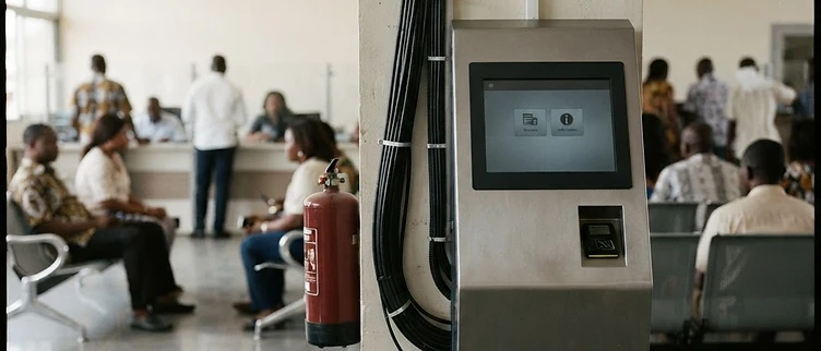 A wall-mounted digital service kiosk with integrated fiber-optic ports stands in a municipal office in Abobo, Côte d'Ivoire.