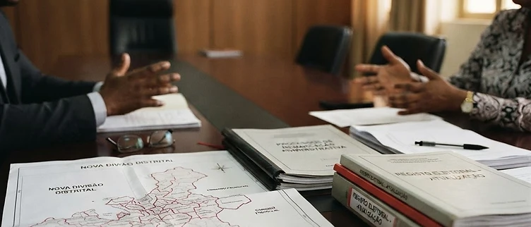 Administrative boundary maps and official government registration ledgers are spread across a desk at the Luanda Provincial Government headquarters in Angola.