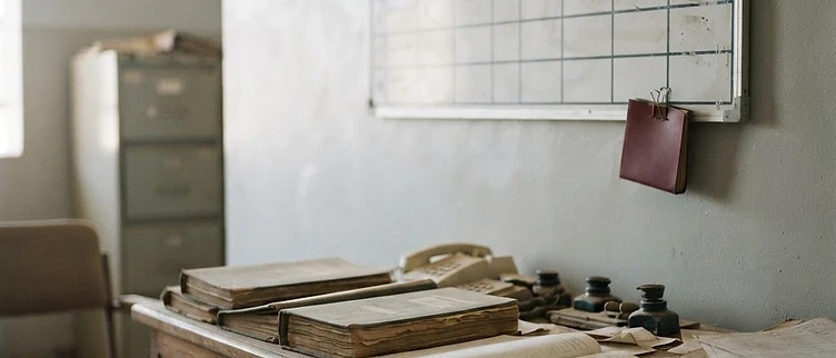Discarded administrative logbooks and an empty security planning board sit on a dusty desk inside the regional prefectural office in Tillaberi, Niger.