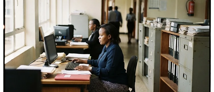 Rows of metal filing cabinets and computer workstations inside the Siaya County government administrative headquarters in Kenya.