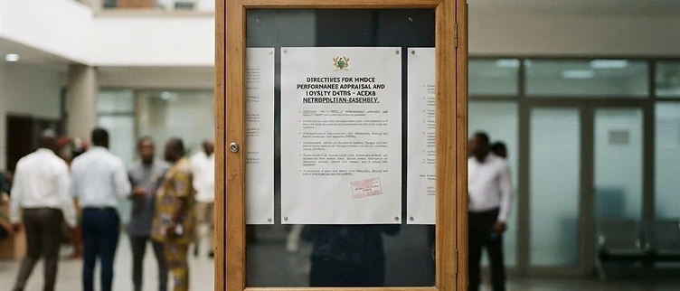 An official public notice board displays printed government directives and MMDCE performance appraisal requirements inside the administrative atrium of the Accra Metropolitan Assembly headquarters in Ghana.