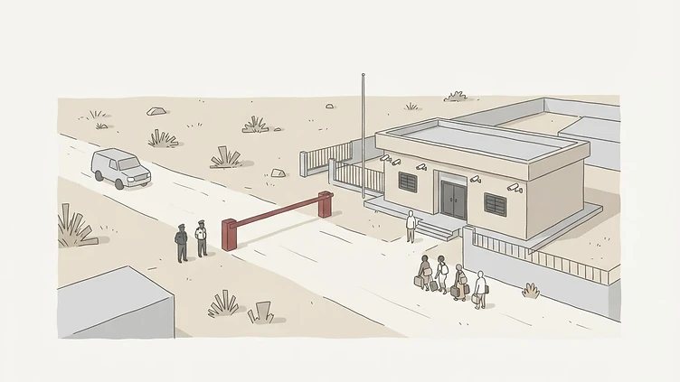 The sterile, newly constructed border police post featuring reinforced steel doors and surveillance camera mountings in Dohouba, Cavally Region drawn as an editorial illustration