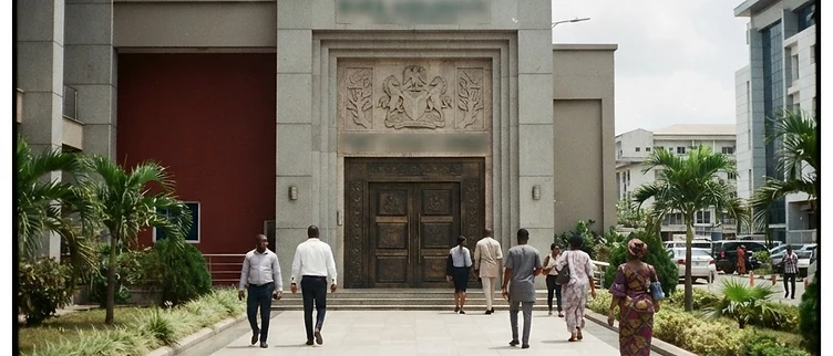The stone-carved official insignia of the Rivers State Local Government Commission sits above the heavy entrance doors of the administrative secretariat in Port Harcourt.