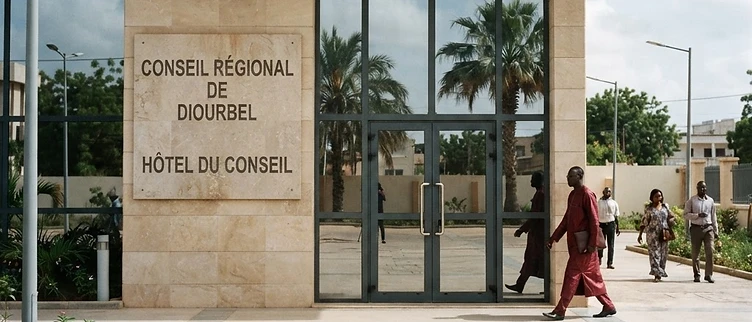 The stone-etched signage and formal entrance of the Diourbel Regional Council building in Diourbel, Senegal.