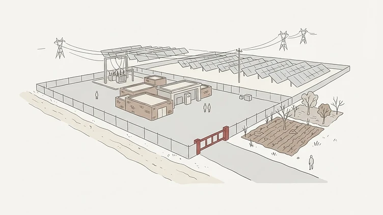 The main electrical substation and gatehouse of the Leghrous solar energy plant in Biskra Province drawn as an editorial illustration