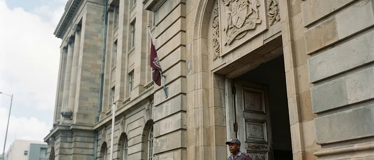 The official stone-carved municipal crest adorns the facade of the City Hall headquarters in Gqeberha, Nelson Mandela Bay.