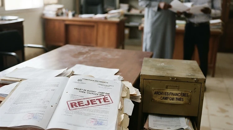 A stack of official Senegalese finance department budget documents sits on a desk inside the regional administrative office in Thiès.