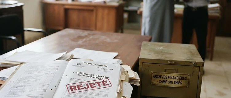 A stack of official Senegalese finance department budget documents sits on a desk inside the regional administrative office in Thiès.