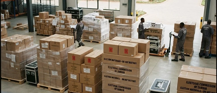 Sealed pallets of ballot papers and election data drives are arranged in long, precise rows inside the secure logistics warehouse of the Electoral Commission of Zambia in Lusaka.