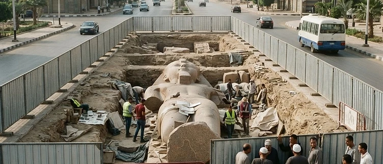 Cordoned-off archaeological excavation pits containing stone statue fragments are shown from an elevated perspective in Bahbit Al-Higara, Egypt.