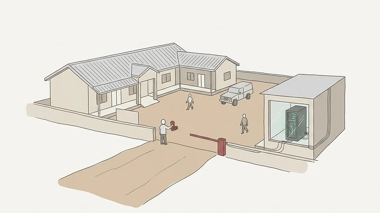 The municipal data registry office entrance and digital server cabinet room at the Sissala East Municipal Assembly secretariat in Sissala East Municipality drawn as an editorial illustration